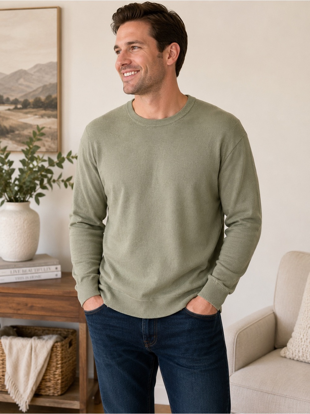 NWT Club Monaco Linen Blend Crewneck Sweater in Light Olive